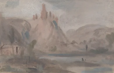 Maisema ja linna kukkulalla, aiemmin J.M.W. Turner (1775-1851) ja myös Peter de Wint (1784-1849) (öljy paperille)