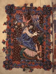 Lat 14782 f.16v Pyhä Matteus kirjoittaa evankeliumiaan, n.1080 (vellum)
