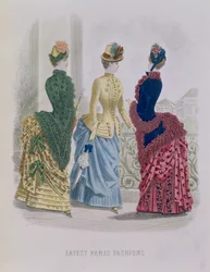 Viimeisimmät Pariisin muotit, kolmen päivän mekot muotilautasessa The Queenilta, toukokuu 1885