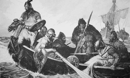 Leif Ericson löytää Vinland the Goodin rannan, luultavasti Newfoundlandin (kaiverrus)