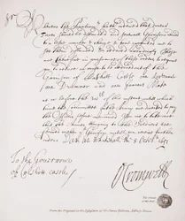 Oliver Cromwellin kirje Calshottin linnan kuvernöörille, 1651, faksimile alkuperäisestä, Sir James Fellowesin hallussa Adbury Housesta