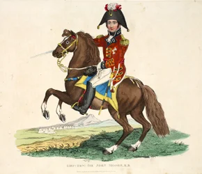 Kenraaliluutnantti Sir John Moore KB, julkaisija Richard Evans, kaivertaja Romney, kuvitus William Mudfordin teoksesta "Historiallinen selonteko Waterloon taistelusta", 1816