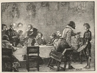 Lord Monteagle ja varoituskirje ruutijuonesta, kuvitus Cassells Illustrated History of Englandista (seepiakuva)
