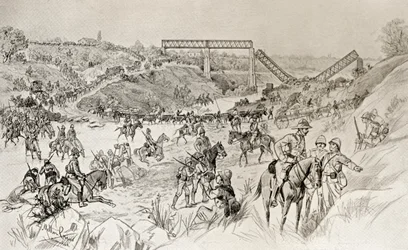 Lord Robertsin pylväs, joka ylitti Sand River Driftin toisen buurisodan aikana, Louis Creswicken teoksesta Etelä-Afrikka ja Transvaalin sota, julkaistu 1900 (litho)