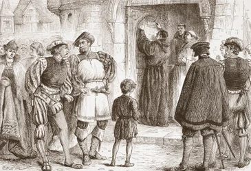 Luther naulaa teesinsä Schloss-Kirkin ovelle Wittembergissä, kuvitus James Aitken Wylien (1808-1890) teoksesta The History of Protestantism, pub. 1878