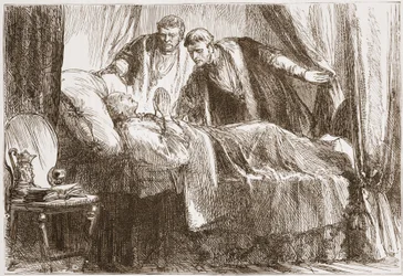Luther kuolinvuoteella, kuvitus James Aitken Wylien (1808-1890) teoksesta The History of Protestantism, pub. 1878