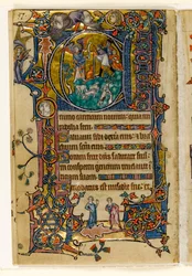MS 1-2005, fol. 139v: The Annunciation to the Shepherds, historiallinen alkukirja Macclesfield Psalterista, Use of Sarum, East Anglia, n. 1330