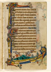 MS 1-2005, fol. 151r: A Hound and Rabbit Jousting, marginaalinen koristelu Macclesfield Psalterista, Use of Sarum, East Anglia, n. 1330