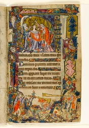 MS 1-2005, fol. 39r: Daavidin ja trumpetistien voitelu, historiallinen alkukirja Macclesfield Psalterista, Use of Sarum, East Anglia, n. 1330