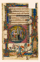 MS 1-2005, fol. 58r: Saul lähettää Doegin tappamaan Nobin papit, historiallinen alkukirja Macclesfield Psalterista, Use of Sarum, East Anglia, n. 1330