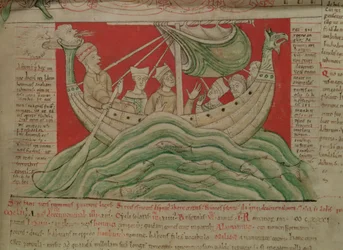 MS CCC 157 s.383 Kuningas Henrik I:n Normandiassa vuonna 1130 näkemät näyt Worcester Chroniclesta, n. 1130-40 (vellum) (95507:n yksityiskohta)