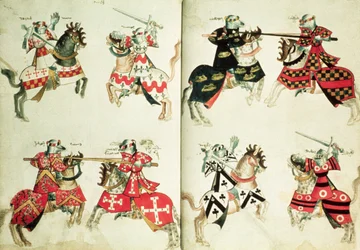 MS Harley 4205 fol.31v-32 Turnajaritarit heraldisilla tunnuksilla (vellum)