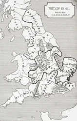 Britannian kartta vuodelta 634, osasta "Northumbrian kuningaskunta 588-685" J. R. Greenin teoksessa "A Short History of the English People", julkaistu 1893