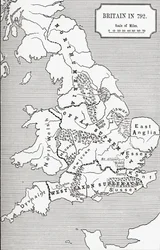 Britannian kartta vuonna 792, kolmesta kuningaskunnasta 685–828 J. R. Greenin teoksessa A Short History of the English People, julkaistu 1893
