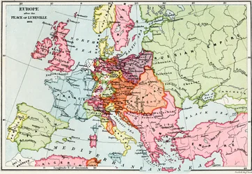 Euroopan kartta Lunévillen rauhan jälkeen, 1801, J. R. Greenin teoksesta "Englannin kansan lyhyt historia", julkaistu 1893