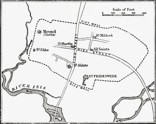 Kartta Oxfordista, Englannista, 1100-1200-luku, J. R. Greenin teoksesta A Short History of the English People, julkaistu 1893