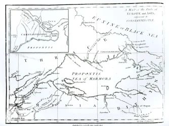 Kartta Konstantinopoliin rajoittuvista Euroopan ja Aasian osista, Edward Gibbonin teoksesta "The History of the Decline and Fall of the Roman Empire", osa 9, 1808.