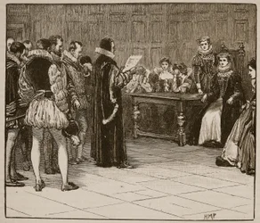 Mary Queen of Scots saa vihjeitä tuomiostaan, kuvitus Cassells Illustrated History of Englandista (seepiakuva)