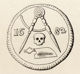 Maastrichtin kirvesmiesten vapaamuurarisinetti, päivätty 1682, teoksesta "The History of Freemasonry, osa II", julkaisija Thomas C. Jack, Lontoo, 1883