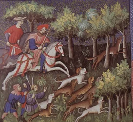 Keskiaikaiset aristokraatit metsästävät kettuja (tempera paperilla)
