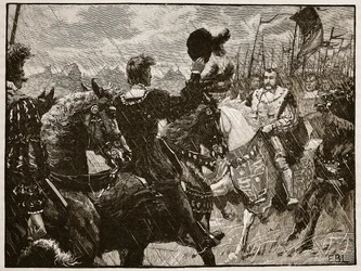 Henryn ja keisari Maximilianin tapaaminen, kuvitus Cassells Illustrated History of Englandista (seepiakuva)