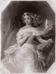 Miranda (Myrsky - La Tempete) - "" Galerie des femmes de Shakespeare, kokoelma neljäkymmentäviisi vakavaa muotokuvaa Lontoon ensimmäisiltä taiteilijoilta, rikastettuna kriittisillä ja kirjallisilla huomautuksilla""" noin 1838 - "" Naisten galleriasta Shake
