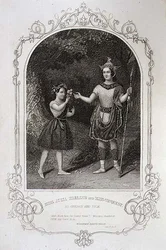 Miss Julia Harland ja Miss Conquest Oberonina ja Puckina, ”Kesäyön unelman” 2. näytöksen 2. kohtaus, Paine of Islingtonin dagerrotyypin mukaan, kaivertanut J. Moore, julkaissut John Tallis & Co.