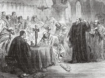Mollio heittää soihtunsa alas inkvisition edessä, kuvitus James Aitken Wylien (1808-1890) Protestantismin historiasta, pub. 1878