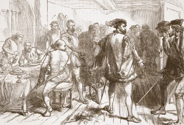 Mouchares-yhtye hyökkää protestantteja vastaan Hostelryssa Faubourg St. Germainissa, esimerkki James Aitken Wylien (1808-1890) teoksesta The History of Protestantism, pub. 1878