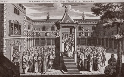 Herra Latimer saarnaa kuningas Edward VI:n edessä Westminsterissä, kuva Foxes Martyrsista n. 1703