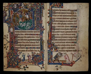Ms 1-2005, ff.139v-140r: Ilmoitus paimenille, historiallinen alkukirjain "A" Macclesfield Psalterista, Use of Sarum, East Anglia, n. 1330 (vellum)