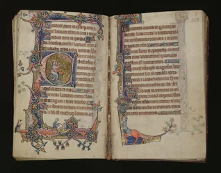 Ms 1-2005, ff.207v-208r: Jesaja rukoilee, historiallinen alkukirja Macclesfield Psalterista, Use of Sarum, East Anglia, n. 1330