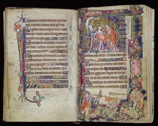 Ms 1-2005, ff.38v-39r: Daavidin voitelu, historiallinen D-alkukirja Macclesfield Psalterista, Use of Sarum, East Anglia, n. 1330