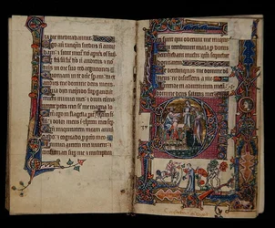 Ms 1-2005, ff.57v-58r: Saul lähettää Doegin tappamaan Nobin papit, historiallinen alkukirja Macclesfield Psalterista, Use of Sarum, East Anglia, n. 1330 (vellum)