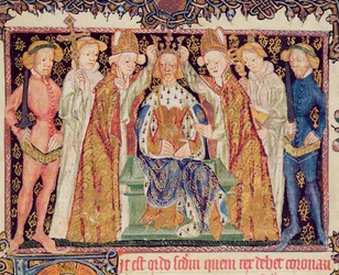 Käsikirjoitus 197, fol. 3r: Kuninkaan kruunaus, Liber Regalis -teoksesta
