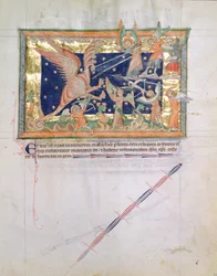 Ms L.A. 139-Lisboa fol.33 Lohikäärme, joka käy sotaa uskovien kanssa, Gulbenkian Apokalypsista, n. 1265-1270