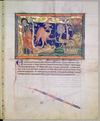 Ms L.A. 139-Lisboa fol.34 Punainen lohikäärme, joka luovuttaa valtansa meren pedolle, Gulbenkian Apokalypsista, n. 1265-1270