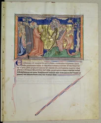 Ms L.A. 139-Lisboa fol.35 Ihmiset, jotka palvovat petoa ja lohikäärmettä, Gulbenkian Apokalypsista, n. 1265-1270