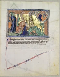 Ms L.A. 139-Lisboa fol.36 Herra katselee ihmisiä palvomassa meren petoa punaisen lohikäärmeen edessä, Gulbenkian Apokalypsista, n. 1265-1270