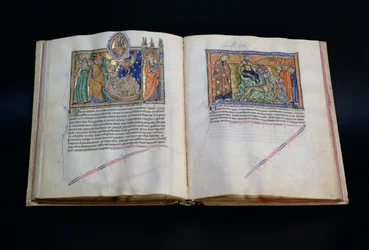 Ms L.A. 139-Lisboa fol.37 v-38 Peto, joka pilkkaa Jumalan nimeä, ja ihmiset, jotka palvovat kolmatta ja toista petoa, Gulbenkian Apokalypsista, n. 1265-1270