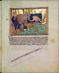 Ms L.A. 139-Lisboa fol.56 St. John the Evankelista katselemassa sammakoita, jotka laskeutuvat kolmen pedon suusta, Gulbenkian Apokalypsista, n. 1265-1270