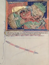 Ms L.A. 139-Lisboa fol.71 Helvetin leuat nielemässä punaisen lohikäärmeen, meren pedon ja maan pedon, Gulbenkian Apokalypsista, n. 1265-1270