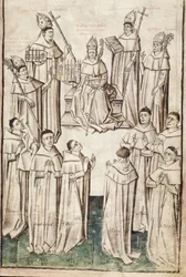 Ms. New Coll 288, f4r. (Chaundler-käsikirjoitus), Thomas Chaundlerin William of Wykehamin elämä (kynä ja muste ja tempera perunakalvolla)
