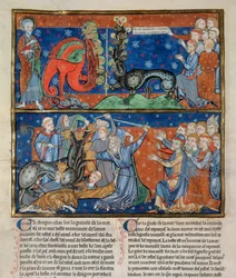 Ms R.16.2 f.14b Seitsemänpäisen pedon tappaminen, Kolminaisuuden apokalypsi, anglo-normanninkielinen, noin 1250 (pergamentti).