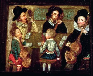 Muusikot Wadley Housessa, yksityiskohta Sir Henry Untonin elämästä ja kuolemasta (1557-96), n. 1596 (katso myös 99909)
