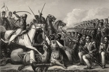 Kapinallisen ratsuväen hyökkäys jalkaväen ruudun kimppuun Cawnporen taistelussa vuonna 1857, vuodelta 1858 peräisin oleva teos "The History of the Indian Mutiny".