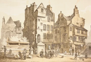 Netherbow House, Edinburgh sellaisena kuin se oli vuonna 1843, John Howien teoksesta "The Scots Worthies", toinen painos julkaistiin vuonna 1879