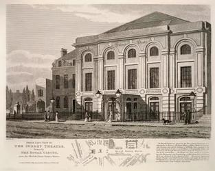 Koillisnäkymä Surrey-teatterista, entinen kuninkaallinen sirkus lähellä obeliskia, Great Surrey Street, 1814
