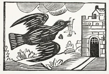 Nyt suuren voiman korppi kantoi Poissa köyhän Tomin, piirros John Ashtonin pubista Chap-books of the Eightenth Century. 1882