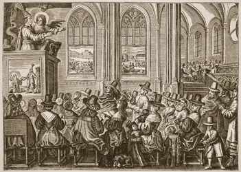 Oliver Cromwell saarnaa puritaaniselle seurakunnalle, kuvitus Englannin kirkosta: Kansan historia, H.D.M. Spence-Jones, pubi. n. 1910 (seepiavalokuva)